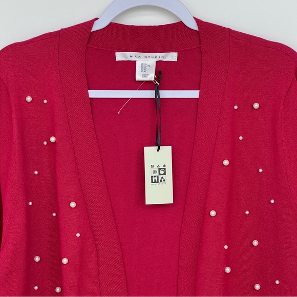 Max Studio Knit Cardigan Pearls Embellished Open Front Long Sleeves Red Ribbed - Picture 5 of 14